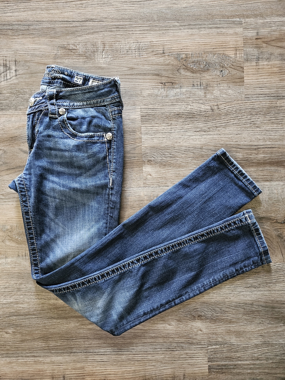 Miss Me Signature Dark Wash Skinny Jeans W/ Rare Embellished Angel Wing Pockets